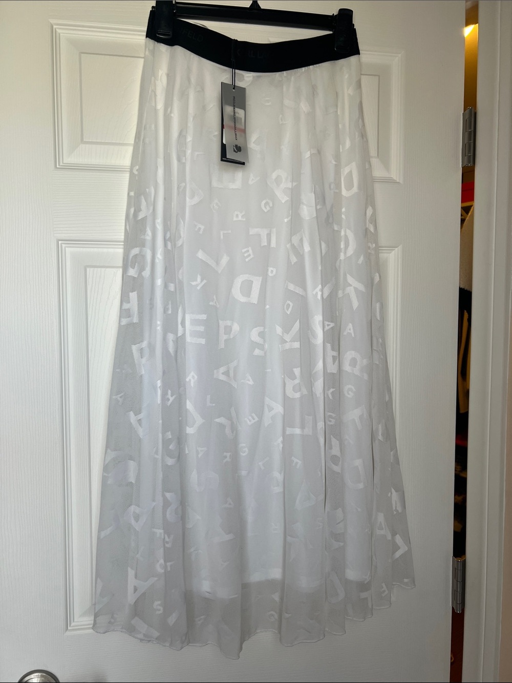 Karl Lagerfeld White Letter-Pattern Maxi Skirt with Black Waistband